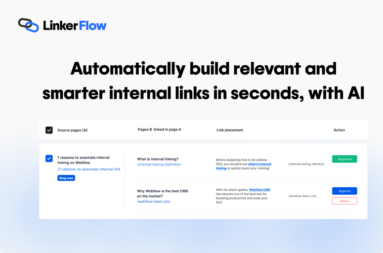 Optimize internal linking on Webflow sites with LinkerFlow app. Automate link suggestions, sync with Google Search Console, and enhance SEO performance effortlessly. Improve site structure and content visibility for better user experience.