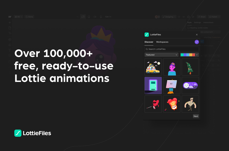 Enhance your Webflow site with LottieFiles for Webflow app. Easily embed customizable animations to boost engagement and conversions. Access 100,000+ free animations, customize colors, and streamline your workflow for improved user experience.