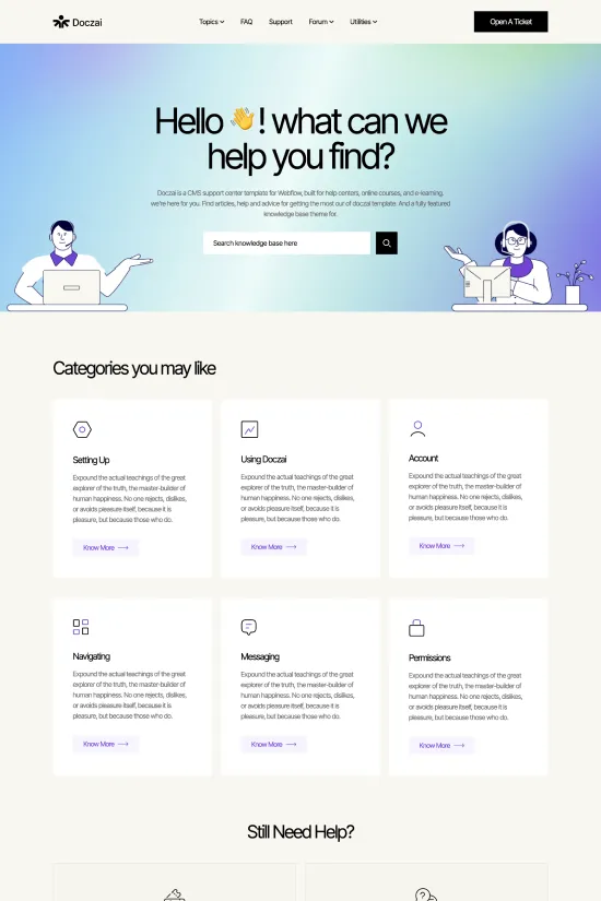 Technology Knowledge Base Help Desk Webflow Website Template