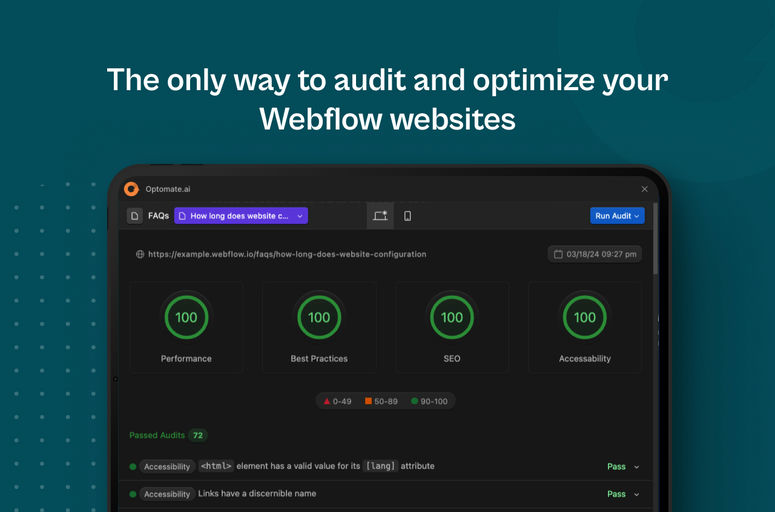 Optimize your Webflow site with Optomate, a powerful audit and optimization tool. Conduct thorough audits, get actionable insights, and improve performance for enhanced user experience. Perfect for Webflow designers and developers.